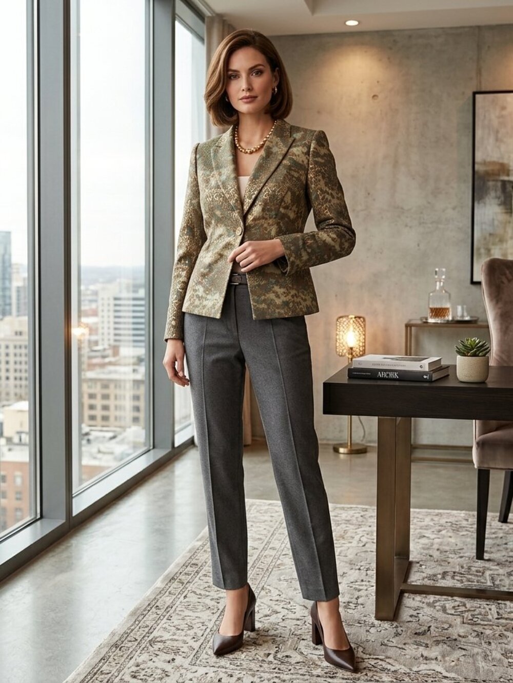 ANTONIO MELANI Greens/Gold Single-Button Blazer Sz 10 Wool Blend Modern Career - Picture 1 of 5